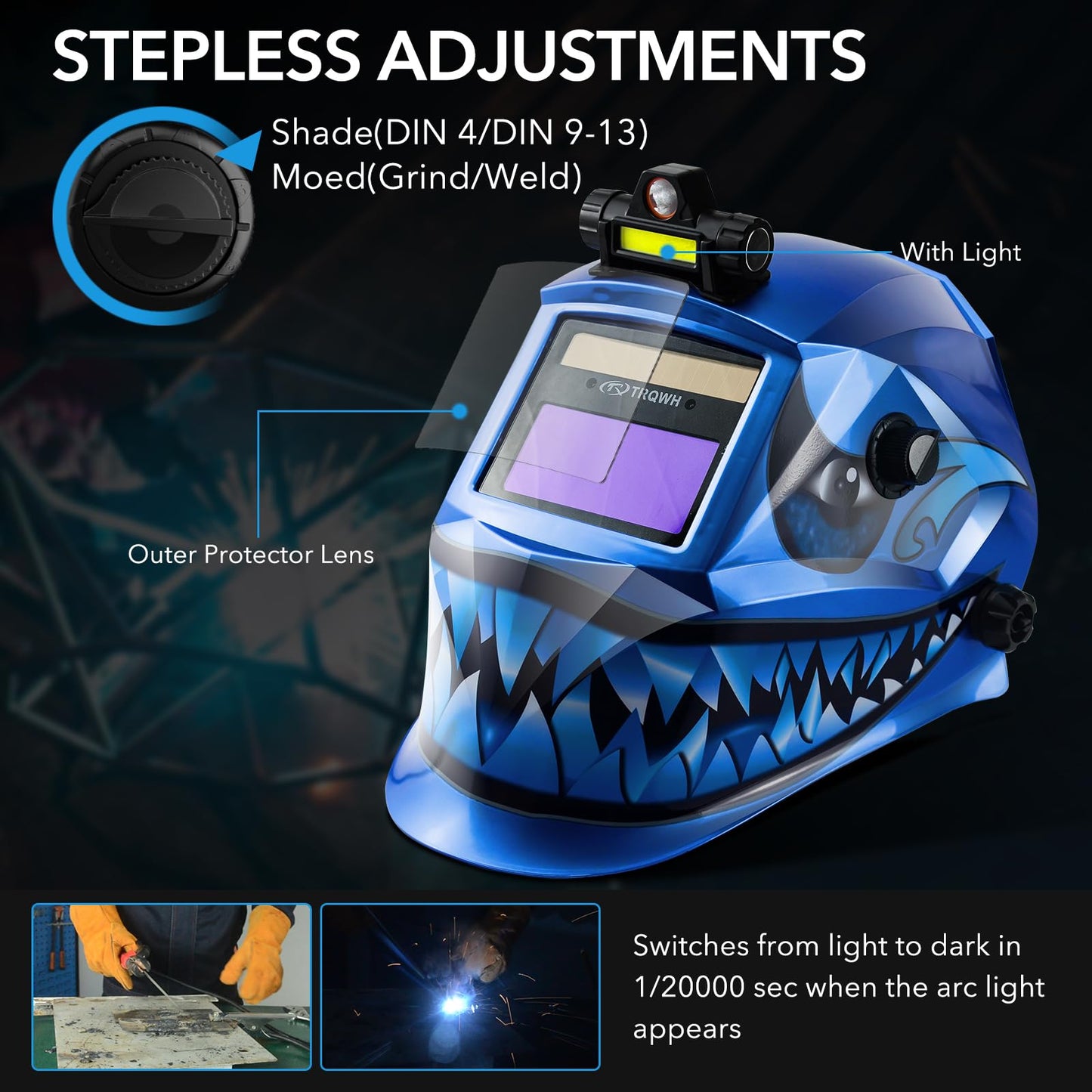 TRQWH Welding Hood Auto Darkening Welding Helmet with Light True Color 1/1/1/2 Top Optical Clarity Wide Shade 9-13 Welding Mask with Grinding Weld Helmet (KTS-JD03)