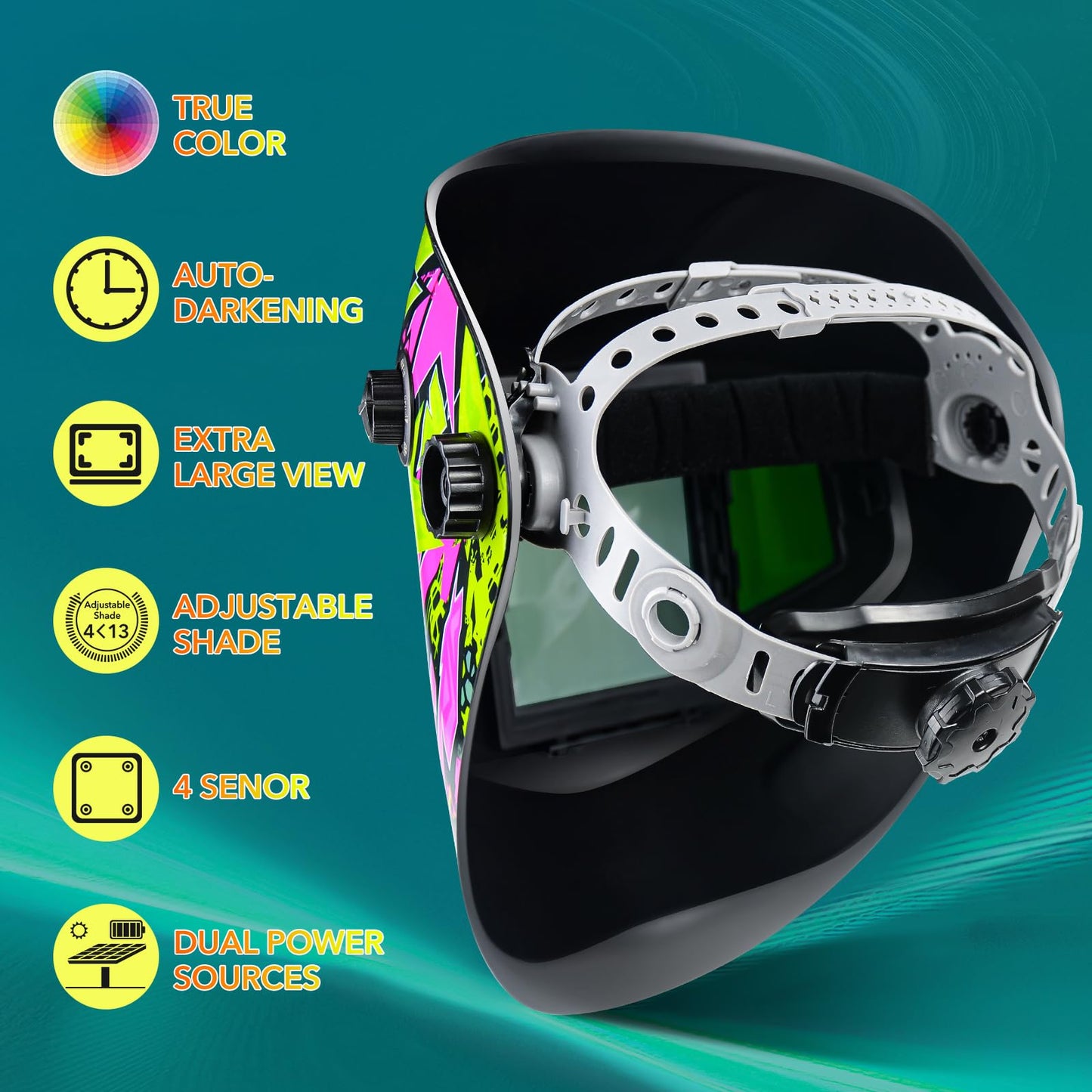 TRQWH Welding Helmet Auto Darkening Large Viewing True Color Solar Powered Welding Mask with 4 Arc Sensor Adjustable Wide Shade Range 4~5-8/9-13 Welder Mask with Grinding (TRQ-CSC003)