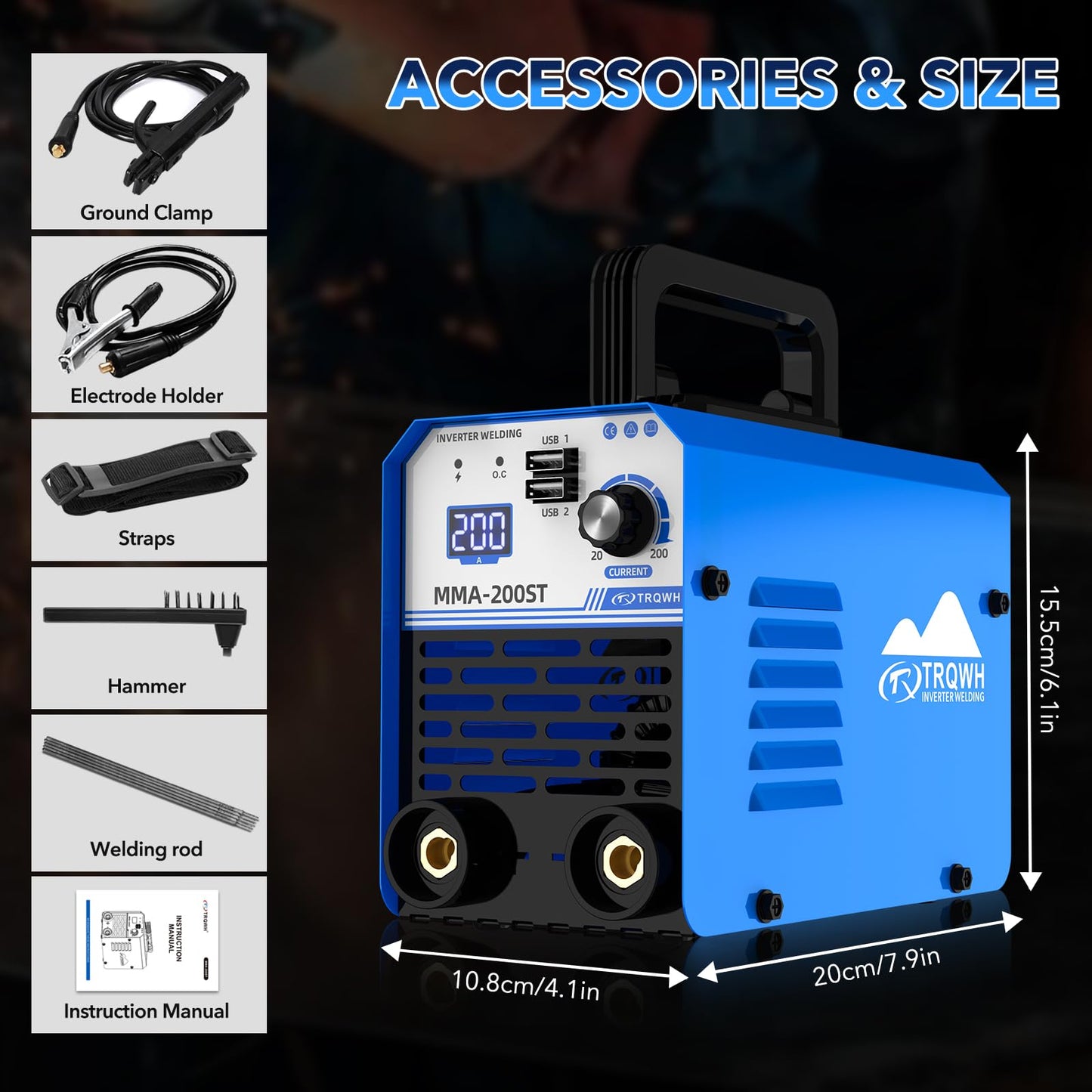 TRQWH 200A MMA Welding Machine 110V Stick Welder Machine Portable ARC Welder with IGBT Digital Display Hot Start for Beginners and Professionals Welder