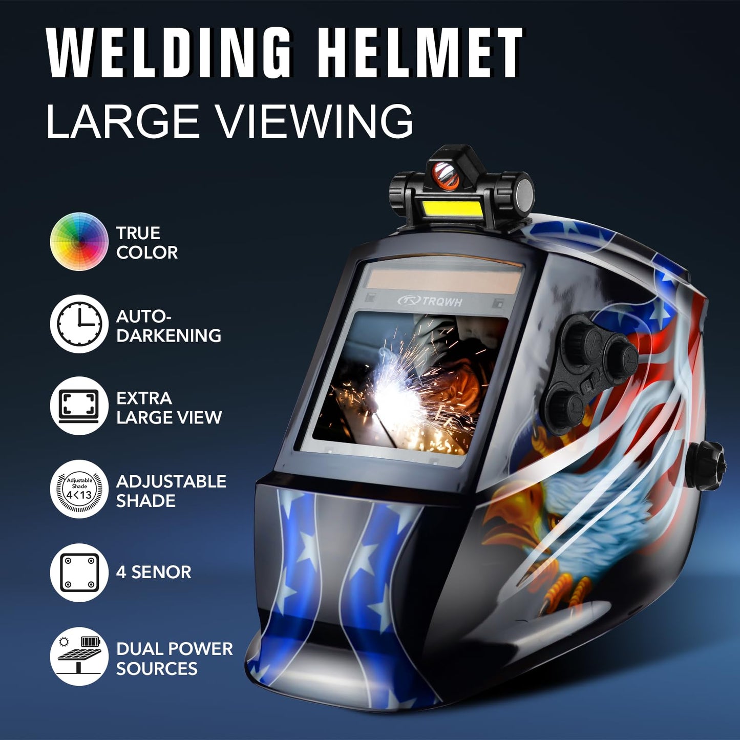 TRQWH Welding Helmet Auto Darkening Large Viewing True Color Solar Powered Welding Hood with 4 Arc Sensor Adjustable Wide Shade Range 4~5-8/9-13 Welder Mask for TIG MIG ARC Weld Plasma Cut Grinding
