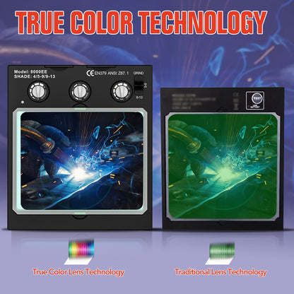 TRQWH Welding Helmet Auto Darkening Large Viewing True Color Solar Powered Welding Mask with 4 Arc Sensor Adjustable Wide Shade Range 4~5-8/9-13 Welder Mask with Grinding (TRQWH-LE04)