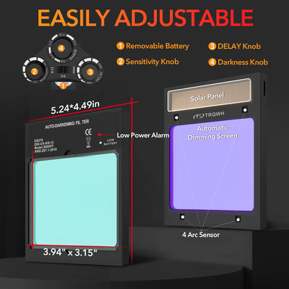 TRQWH Auto Darkening Welding Helmet Large Viewing True Color Solar Powered Welding Hood with 4 Arc Sensor Adjustable Wide Shade Range 4~5-8/9-13 Welder Mask for TIG MIG ARC Weld Plasma Cut Grinding