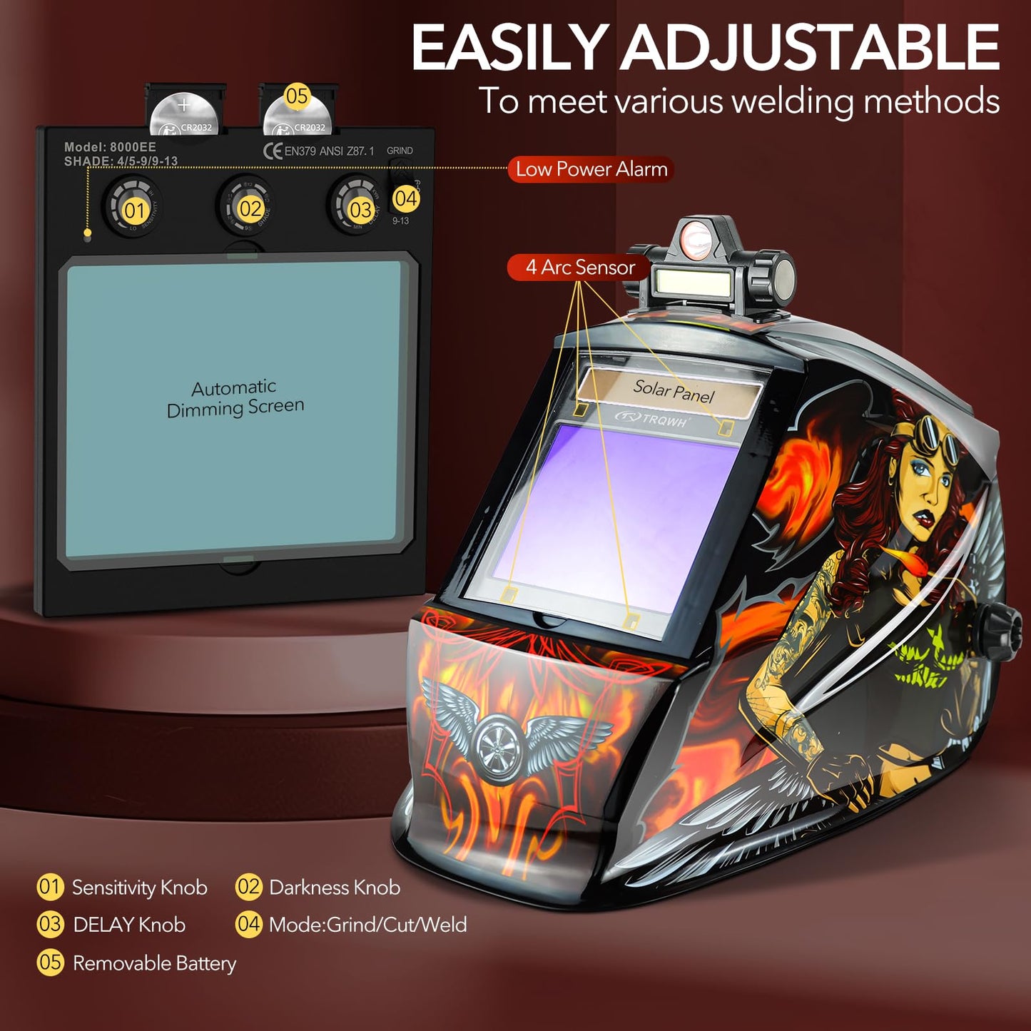 TRQWH Welding Helmet Auto Darkening Large Viewing True Color Solar Powered Welding Hood with 4 Arc Sensor Adjustable Wide Shade Range 4~5-8/9-13 Welder Mask for TIG MIG ARC Weld (TRQWH-LE05)