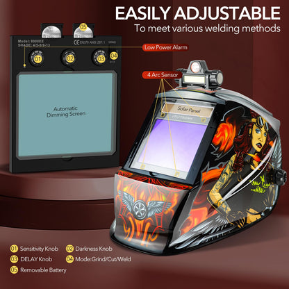 TRQWH Welding Helmet Auto Darkening Large Viewing True Color Solar Powered Welding Hood with 4 Arc Sensor Adjustable Wide Shade Range 4~5-8/9-13 Welder Mask for TIG MIG ARC Weld (TRQWH-LE05)