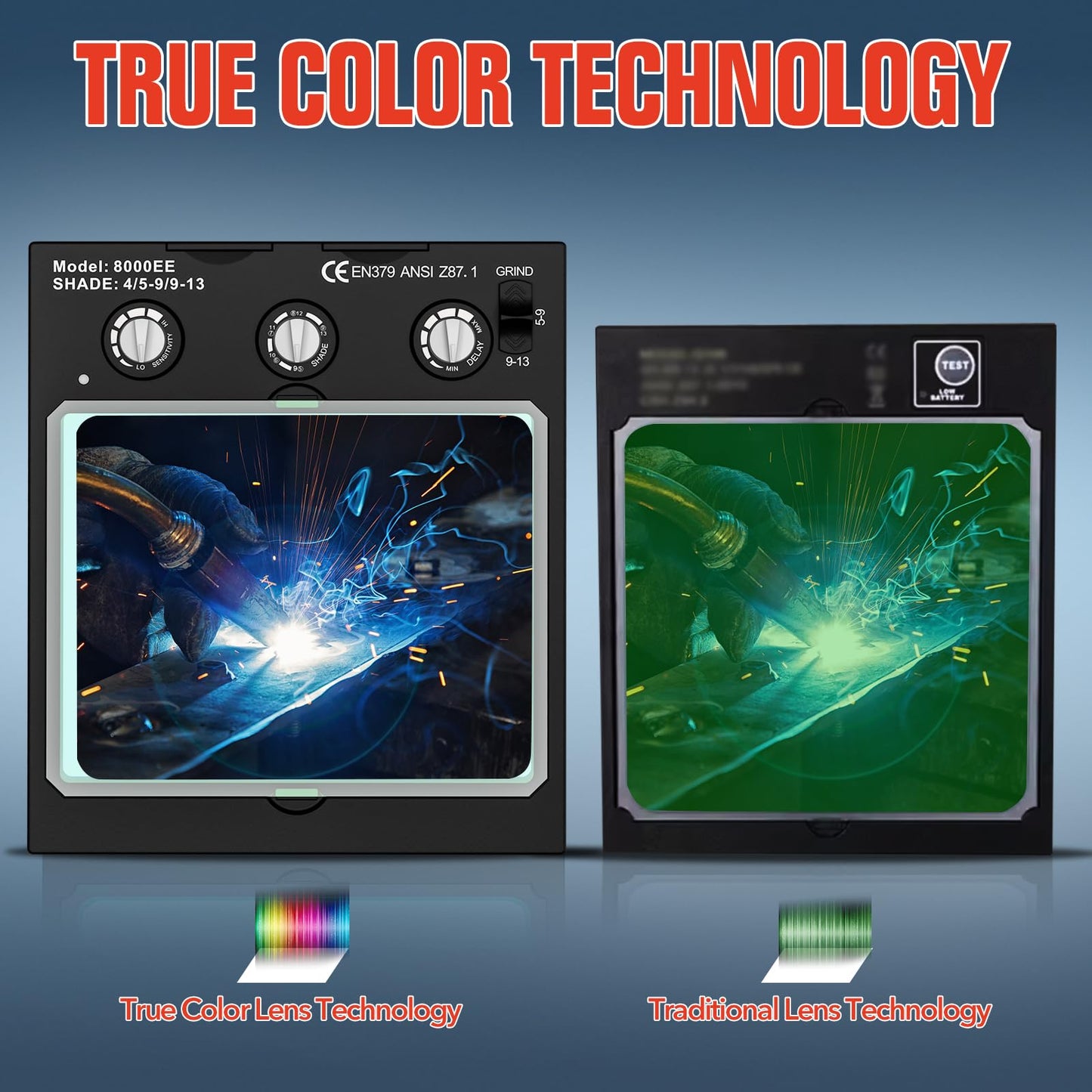 TRQWH Welding Helmet Auto Darkening Large Viewing True Color Solar Powered Welding Hood with 4 Arc Sensor Adjustable Wide Shade Range 4~5-8/9-13 Welder Mask for TIG MIG ARC Weld (TRQWH-LE03)