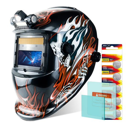 TRQWH Welding Helmet Auto Darkening Welding Hood Solar Powered True Color Welding Mask 2 Arc Sensor Wide Shade 9-13 Flaming Skull Welder Helmet with Grinding Cut for MIG TIG ARC