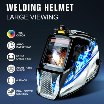 TRQWH Welding Helmet Auto Darkening Large Viewing True Color Solar Powered Welding Mask with 4 Arc Sensor Adjustable Wide Shade Range 4~5-8/9-13 Welder Mask with Grinding (TRQWH-LD09)