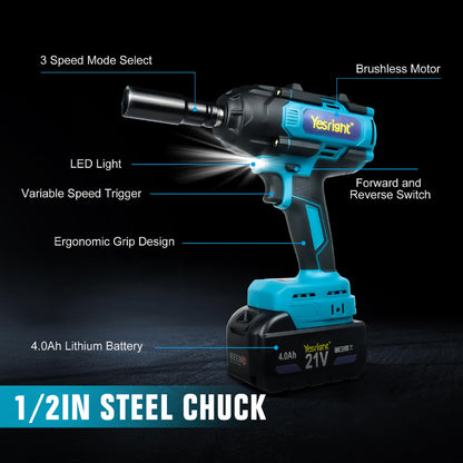 YesRight 1000N.m Cordless Impact Wrench 1/2", 4800RPM High Torque Gun With 2x 4.0Ah Battery, Brushless Electric Wrench With LED Work Light for Truck Car Home Mower