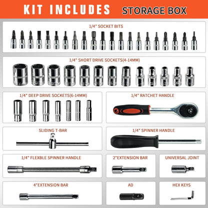 YesRight 53 Pieces Socket Wrench Set Drive Socket Set with 1/4 Inch Ratcheting Wrench Plastic Toolbox Storage Case for Automotive Repair And Home Use