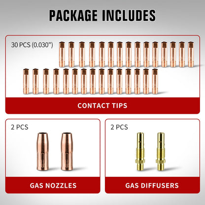 YesRight Mig Welding Gun Accessory, 0.030" Welder Replacement Kit for Lincoln Magnum 100L Tweco Mini/#1, 30pcs Welding Tips 0.030" + 2pcs Gas Nozzles + 2pcs Gas Diffuser