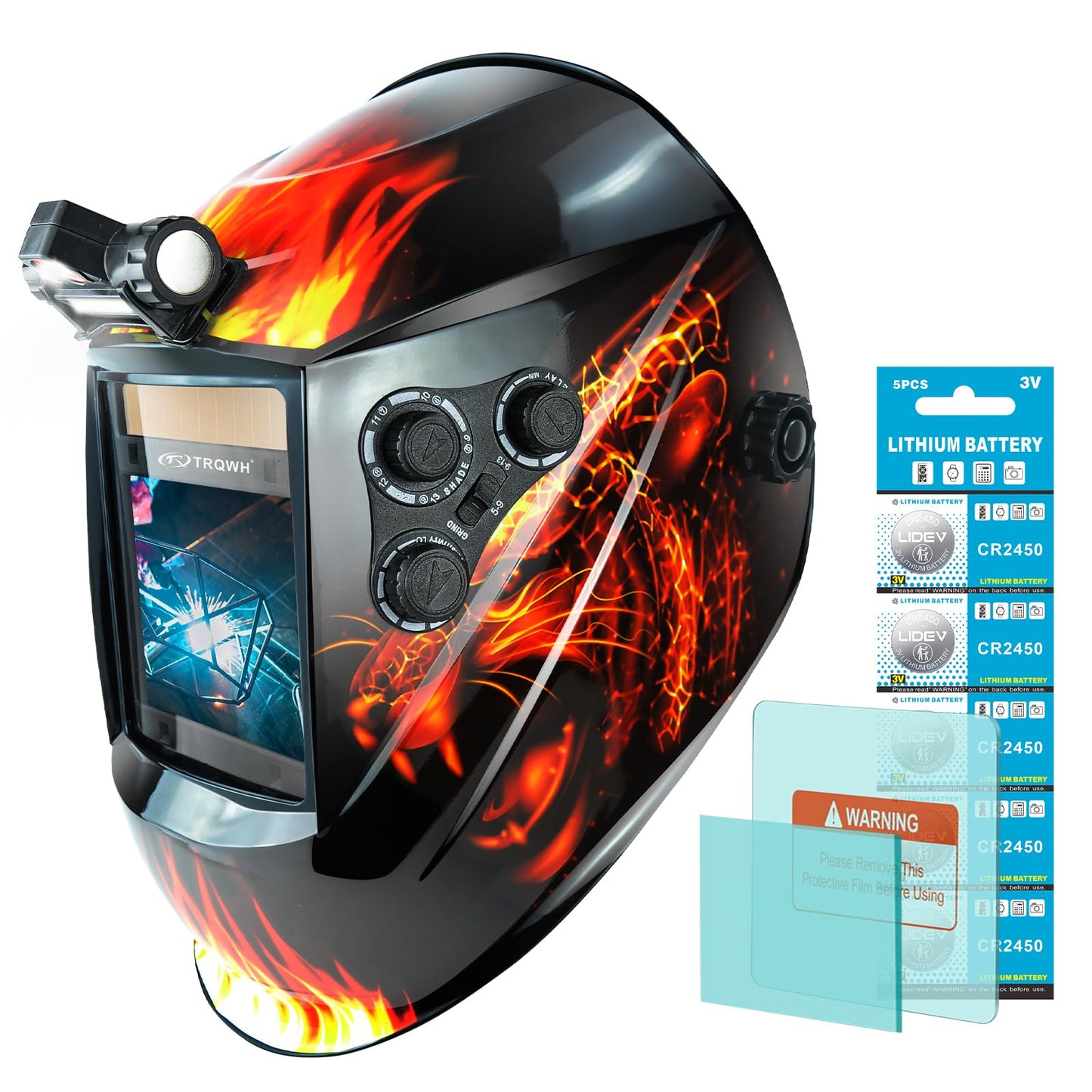TRQWH Large View 3.94" x 3.15" Welding Helmet Auto Darkening Welding Hood with LED Light Solar Powered True Color 4 Arc Sensor Welding Mask Wide Shade 4/5-9/9-13 Weld Helmet with Grinding (KTS-QLS04)