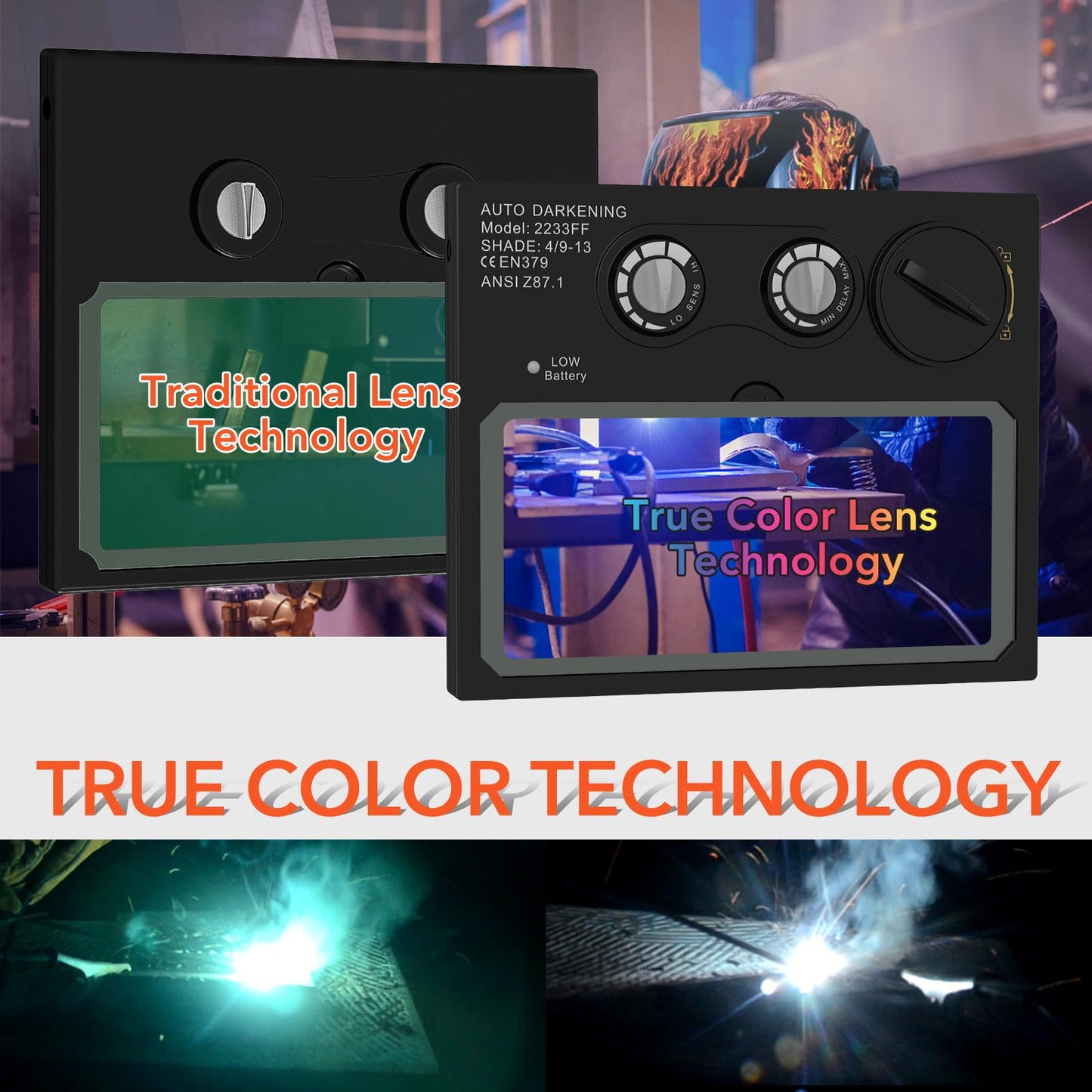 TRQWH Welding Helmet with Light True Color Auto Darkening Welding Helmets for Men Solar Powered Welding Hood with 2 Arc Sensor Wide Shade 4/9-13 for TIG MIG ARC Cool Welder Mask (TRQ-HD0701)