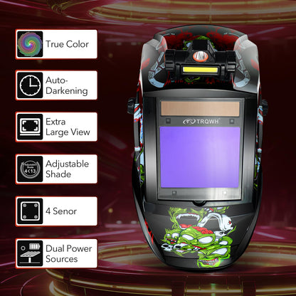 TRQWH Welding Helmet Auto Darkening with LED Light Large View Solar Powered True Color Welding Hood 4 Arc Sensor Wide Shade 4/5-9/9-13 Welding Mask for TIG MIG Arc Weld Grinding (TRQWH-LE01)