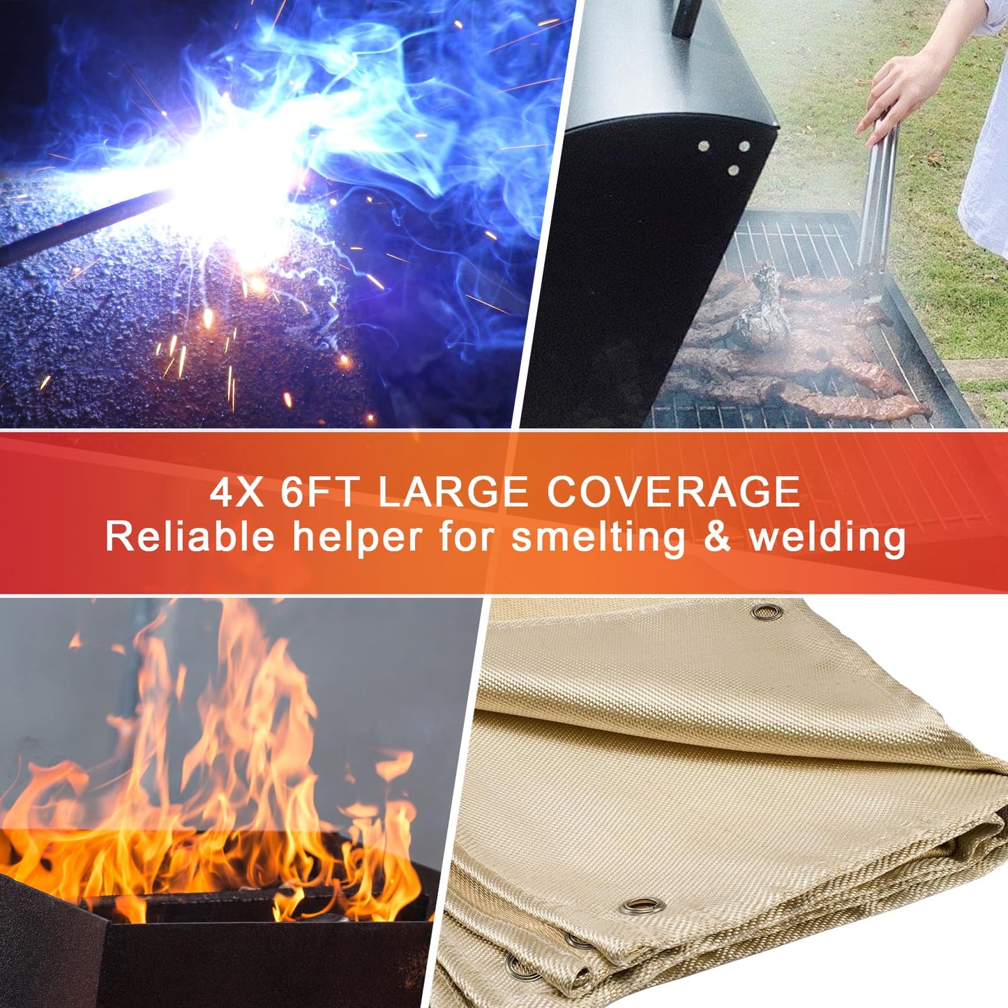 YesRight Welding Blanket Fireproof 4 x 6ft Thickened Fiberglass Fireproof Blanket, 1022°F Heat Resistant Fabric Weld Cover Welding Curtain with Grommets for Grill Camping Industrial Use