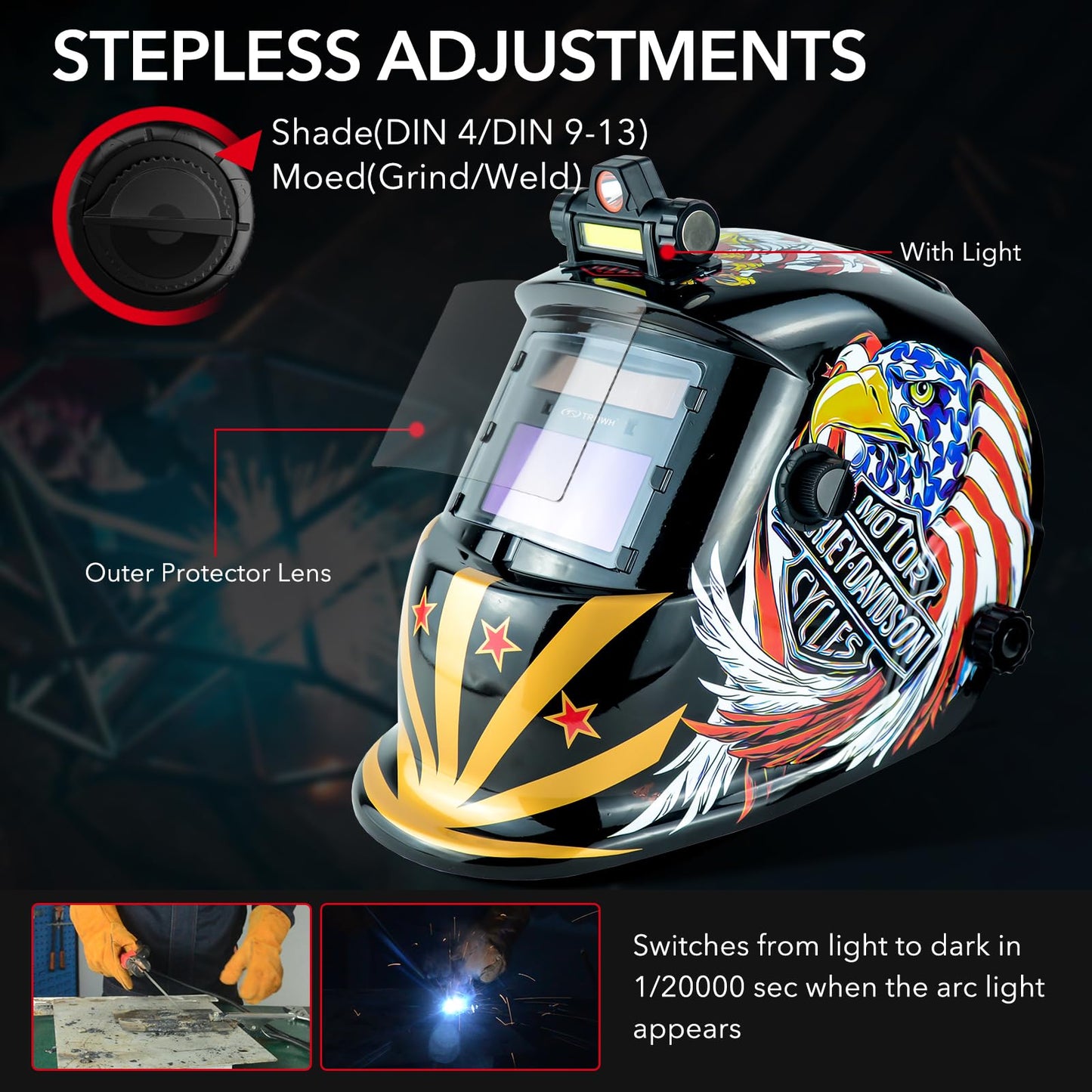 TRQWH Welding Helmet Auto Darkening Welding Hood with Light True Color 1/1/1/2 Top Optical Clarity Wide Shade 9-13 Welder Helmet Welding Mask with Grinding (KTS-HD103)