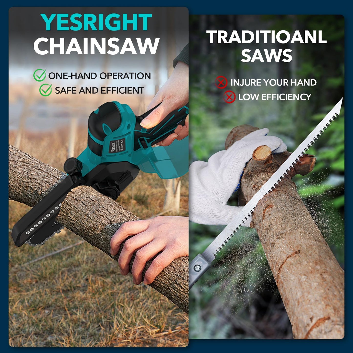 YesRight Mini Chainsaw 8 Inch & 6 Inch Electric Chain Saw with Auto-Oiler, Brushless Cordless Pruning Chainsaw with 2x4.0Ah Batteries & Security Lock for Wood Cutting Tree Trimming