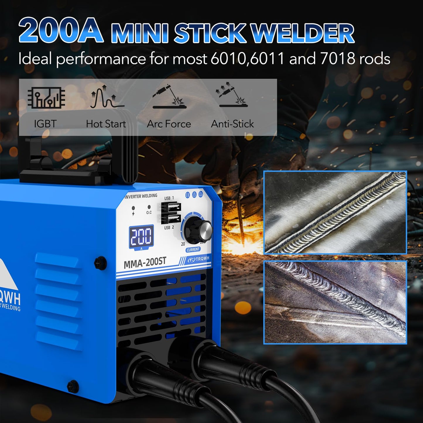 TRQWH 200A MMA Welding Machine 110V Stick Welder Machine Portable ARC Welder with IGBT Digital Display Hot Start for Beginners and Professionals Welder