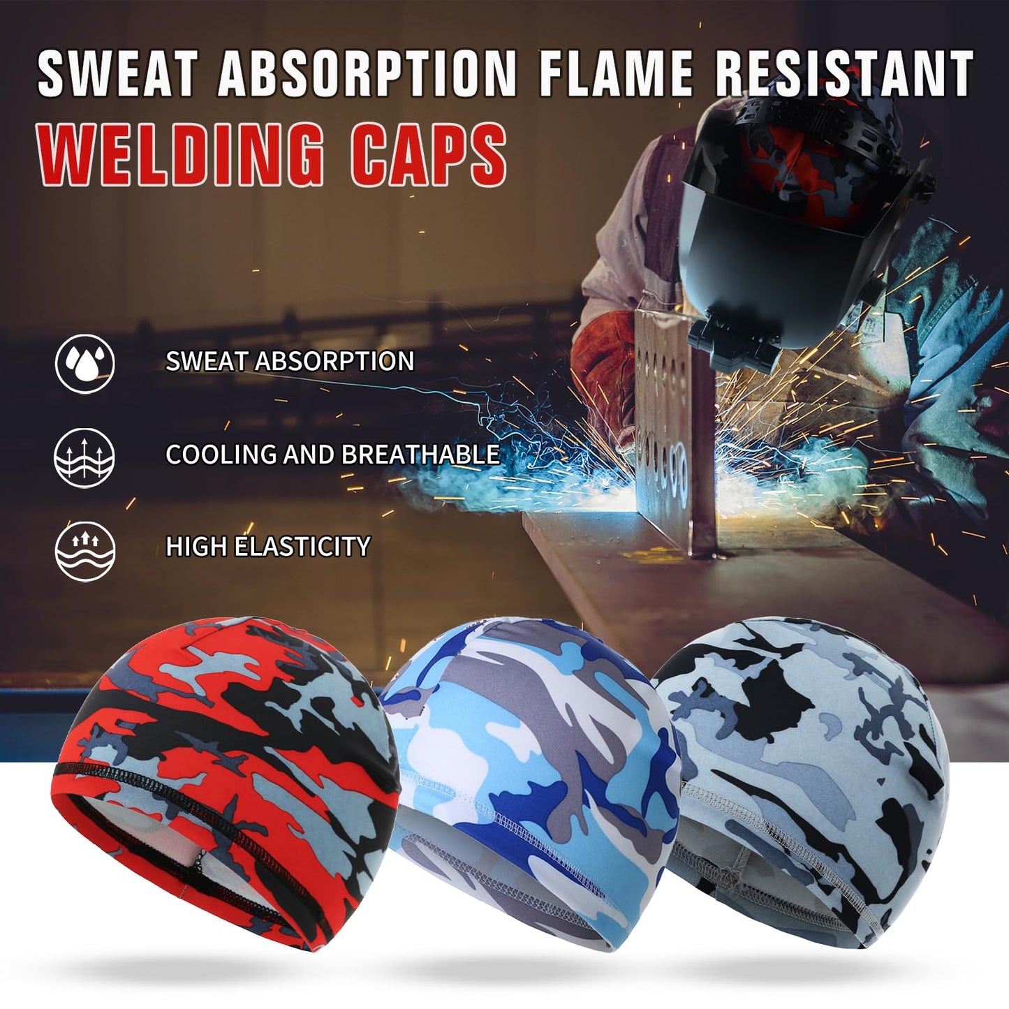 TRQWH Welding Cap Camo Helmet Liner Breathable Cooling Welders Caps Sweat Absorption Welding Accessories with Elastic 3 Pcs