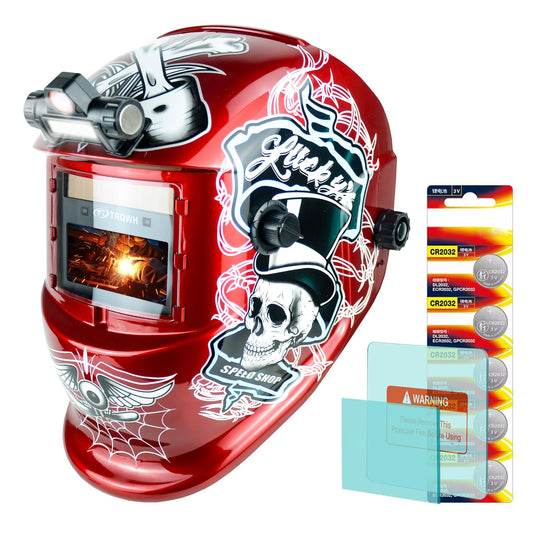 TRQWH Auto Darkening Welding Hood Welding Helmet Solar Powered True Color Welding Mask 2 Arc Sensor Wide Shade 9-13 Flaming Skull Welder Helmet with Grinding Cut for MIG TIG ARC