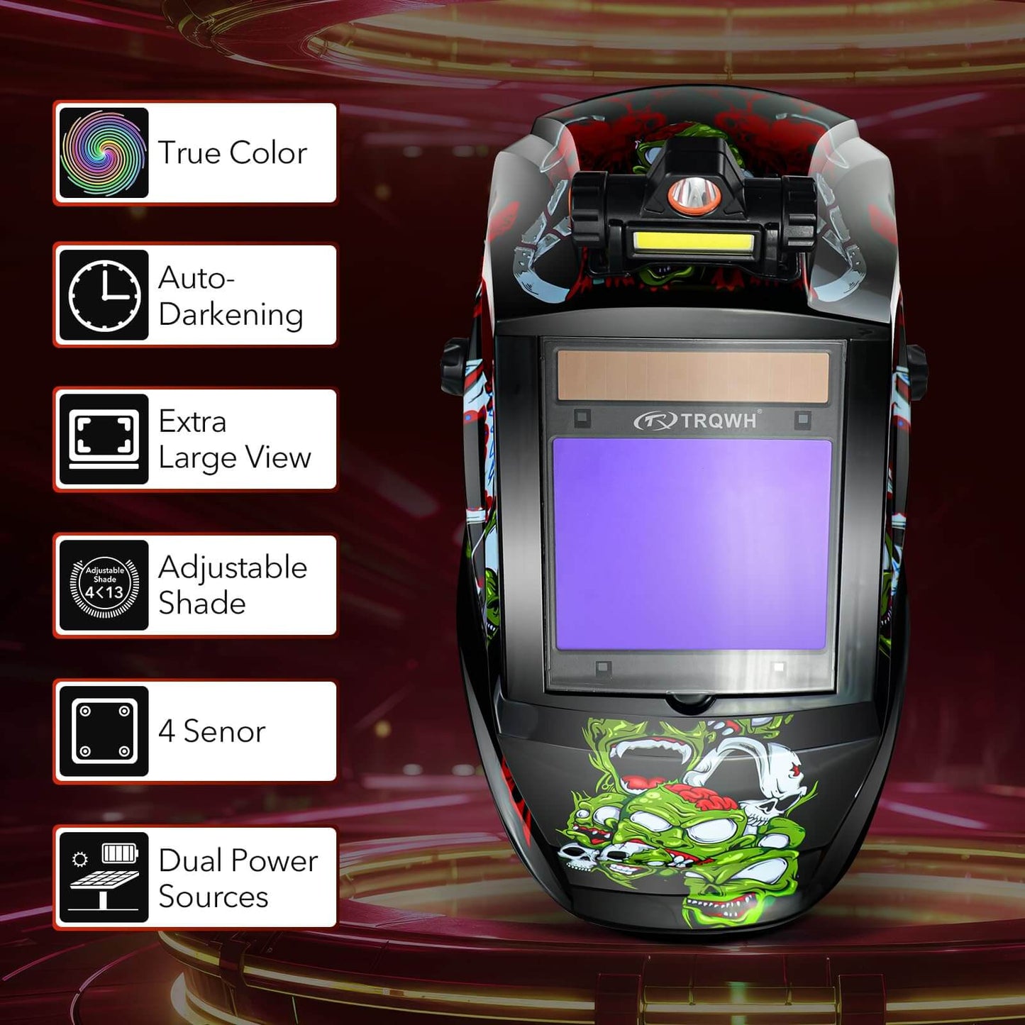 Large Viewing Auto Darkening Welding Helmet with LED Light